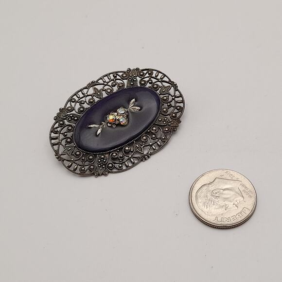 Vintage Catherine Popesco Art Deco Black Enamel AB Rhinestones Brooch - Picture 9 of 9